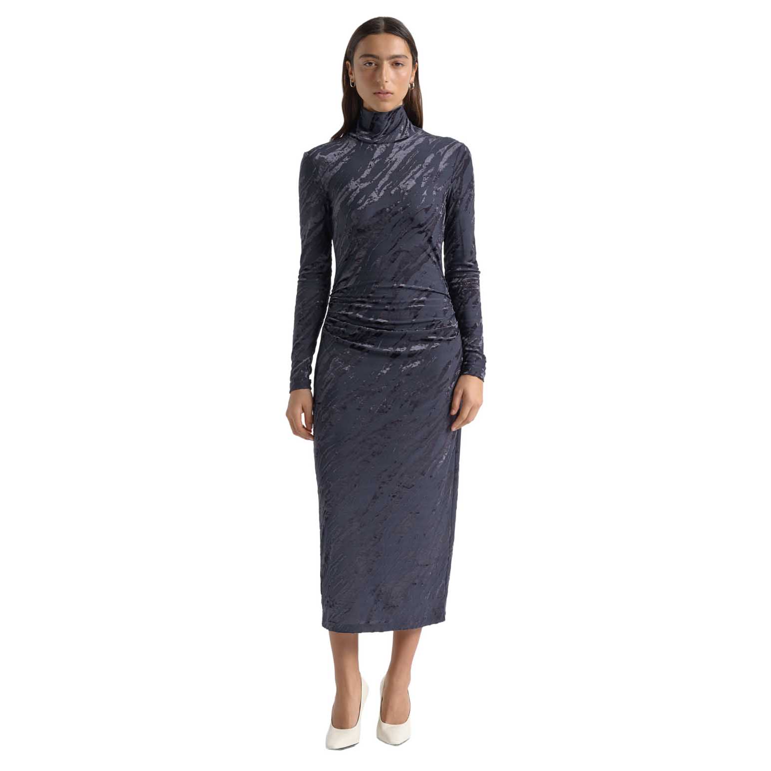 Cue Flocked Long Sleeve Midi Dress